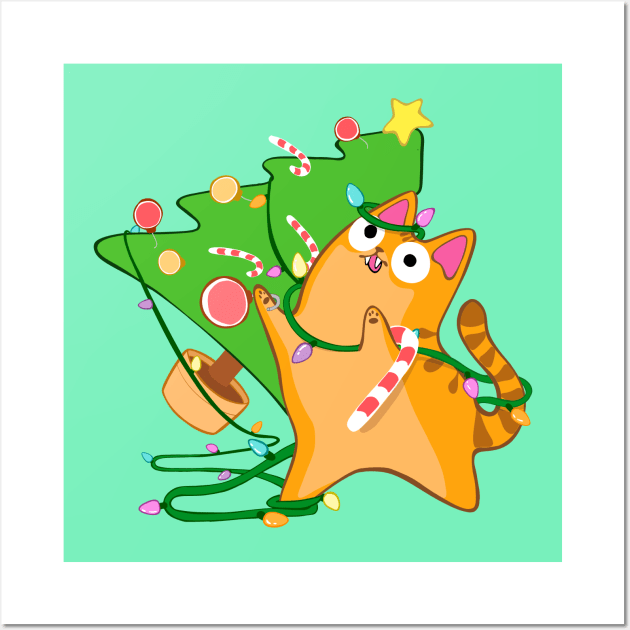 Zoomies Christmas Cat Orange Tabby Knocking Over Tree Funny Wall Art by BluVelvet